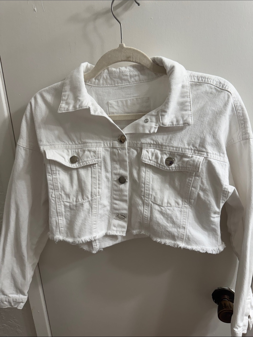 Studio F White Cropped Denim Jacket with Raw Hem